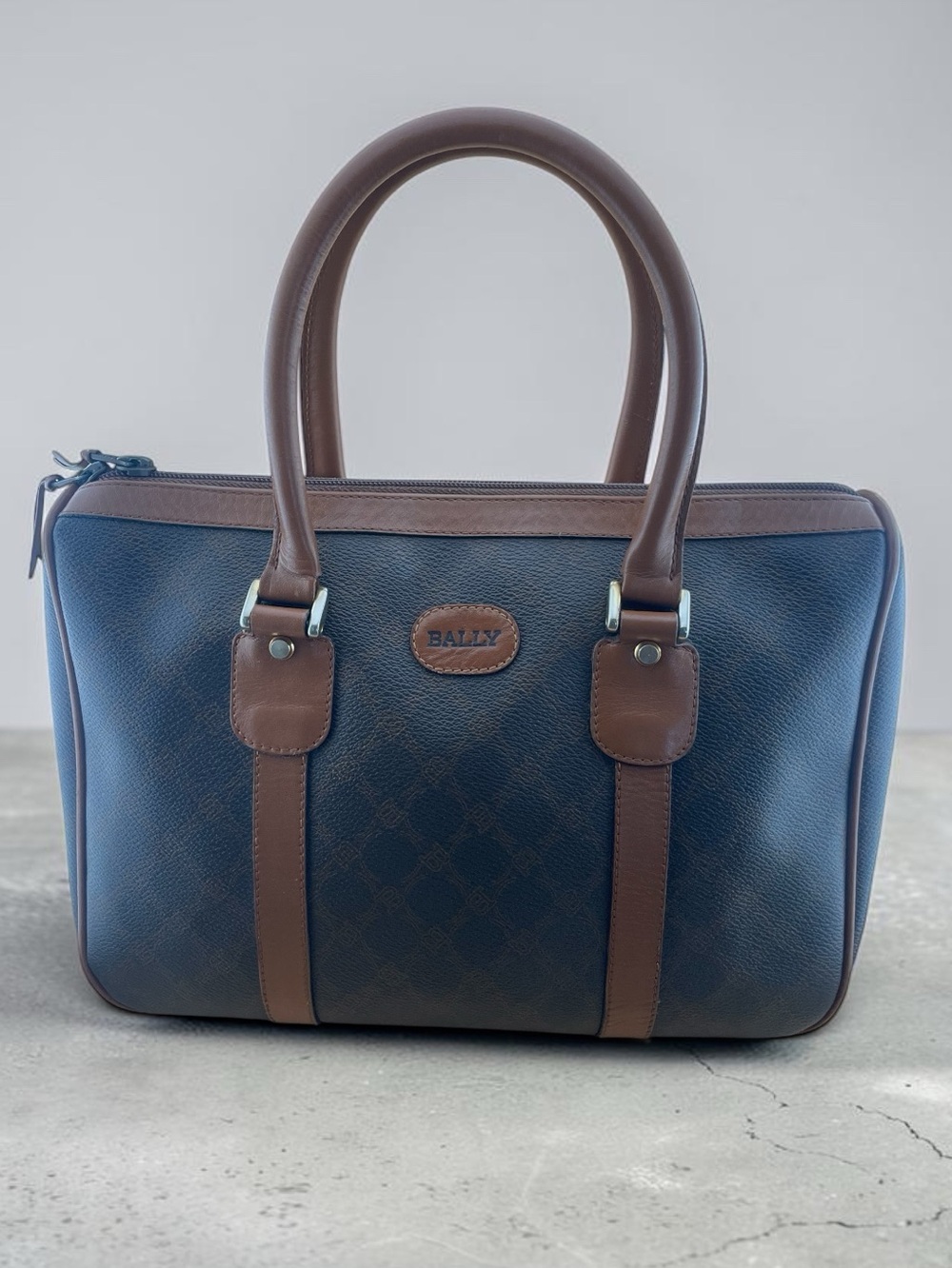 Vintage Bally Monogram Boston Bag Brown Leather Trim Made in Italy